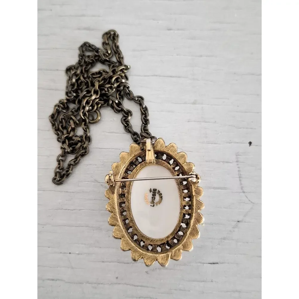 Vintage Limoges France Porcelain Victorian Lady Ornate Pendant Pin Necklace